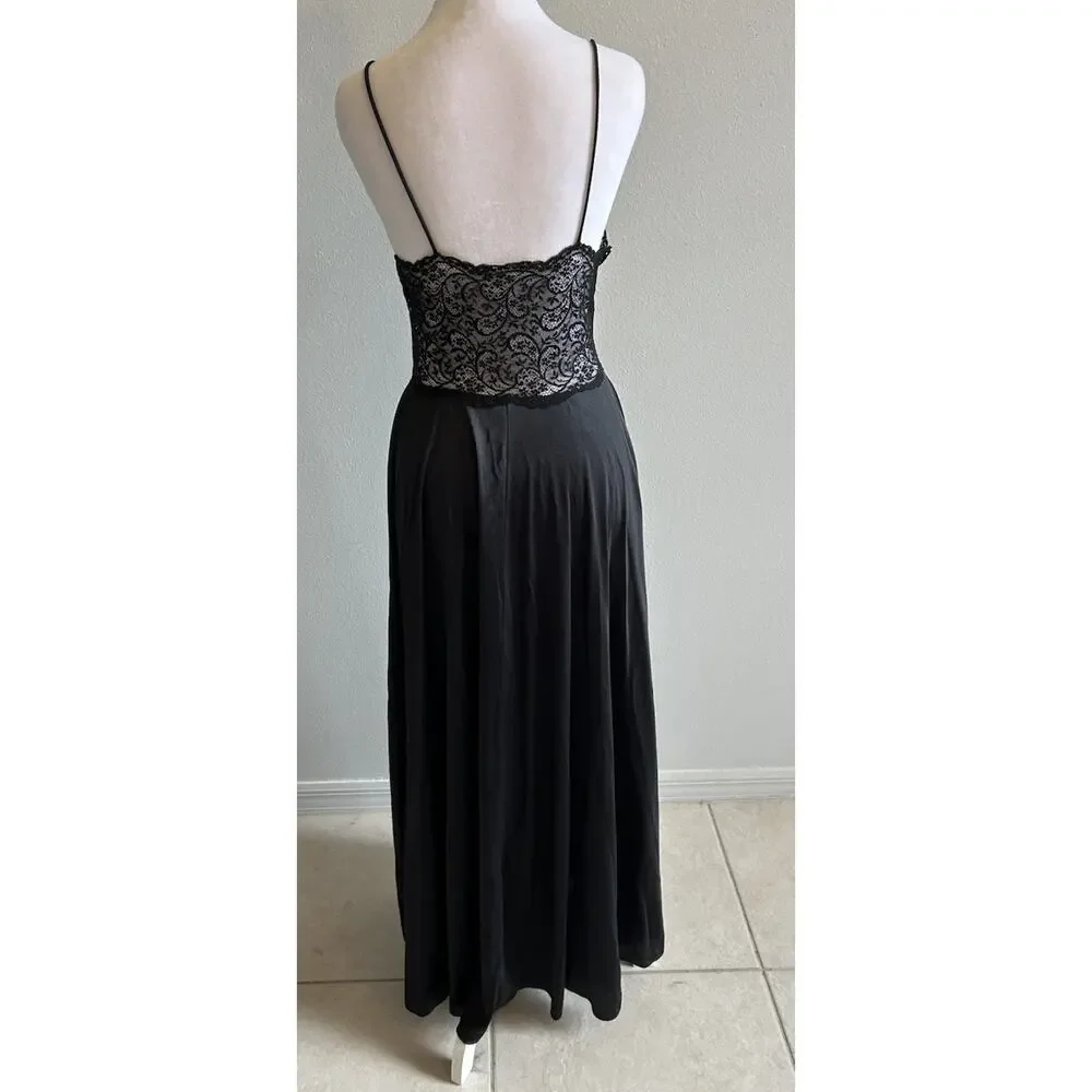 VTG 70s Nightgown Black Lace Bodice Long Maxi Glam Whimsygoth Romantic Flowy USA